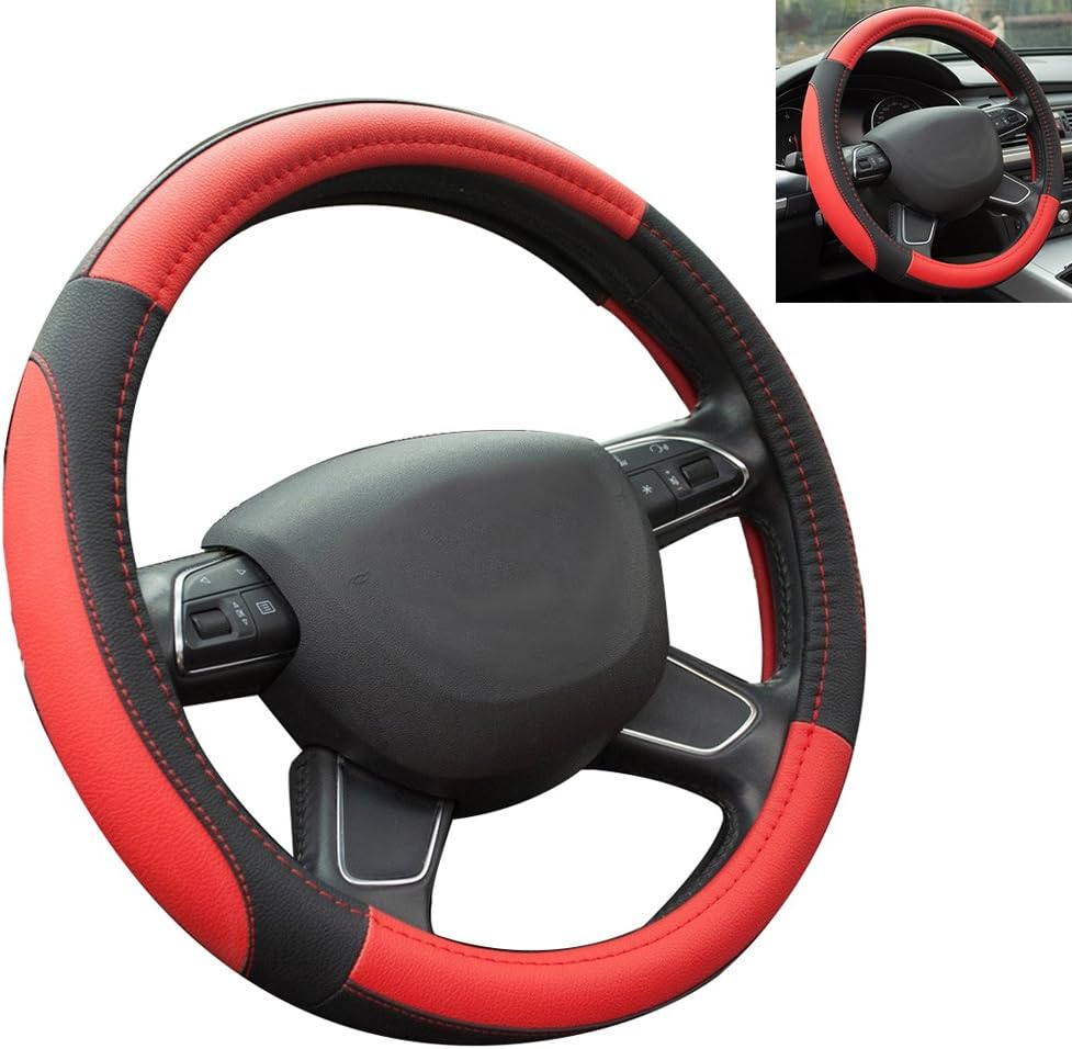 Amazon ハンドルカバー レザー ステアリングカバー レッド M 38 39cm 普通車 ミニバン用 アルファード エスティマ エルグランドなど ハンドルカバー 車 バイク