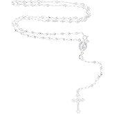 Solid 925 Sterling Silver Diamond Cut 3mm-5mm Italian Virgin Mary Rosary Bead Cross Necklace | Made In Italy | 925 Sterling Silver Rosary Y Necklace Chain for Women And Men