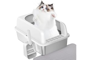 Prodigen Stainless Steel Cat Litter Box with Lid High Wall Sides Enclosure, Non-Sticky, Anti-Leakage, Easy Cleaning, with Cat Mat & Metal Scoop, 19.6" L x 14" W x 12" H