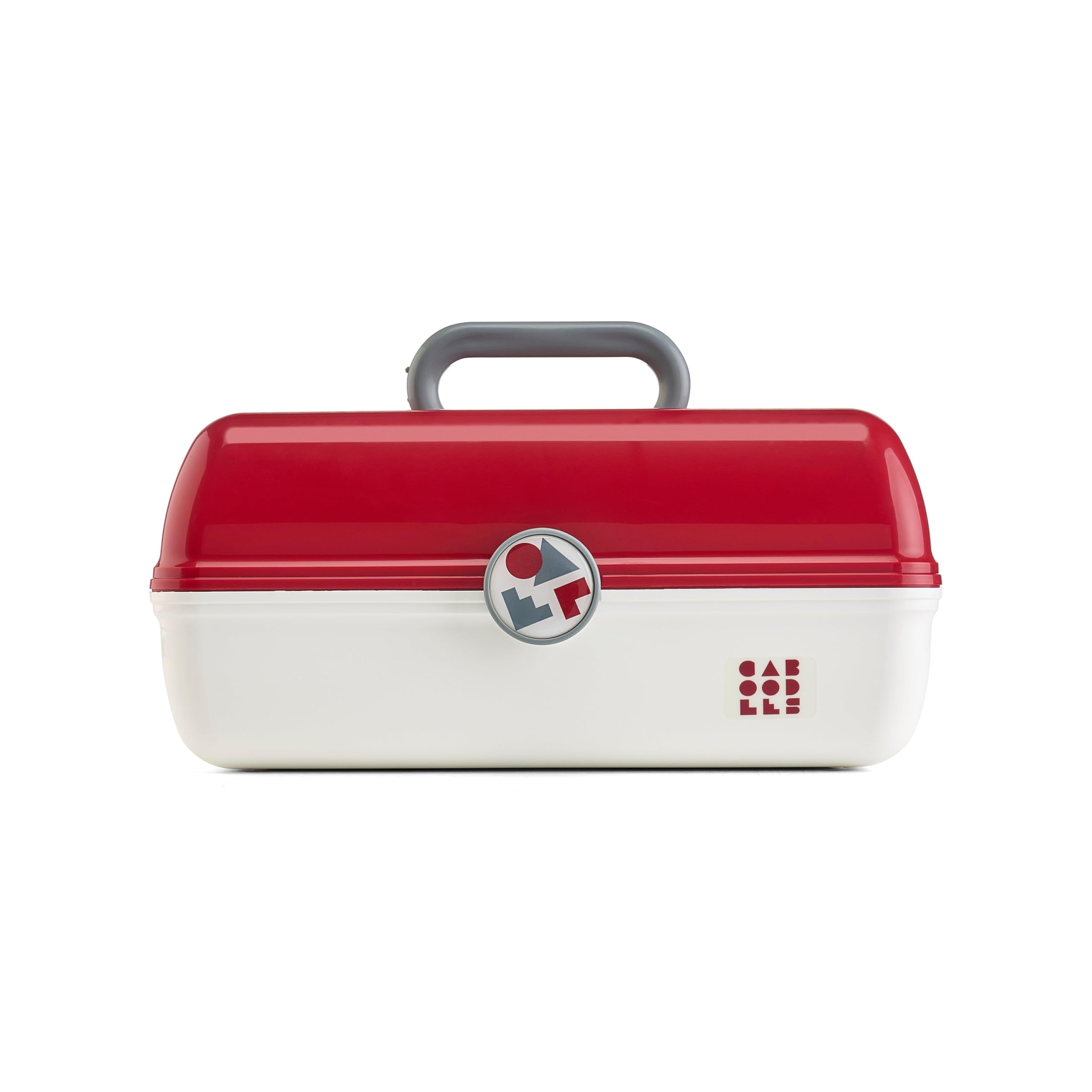 Caboodles School Spirit On-The-Go Girl Makeup Box, Crimson Over White, Hard Plastic Makeup Organizer Box, Built-In Mirror, Secure Latch for Safe Travel, Spacious Storage for Large Items Image