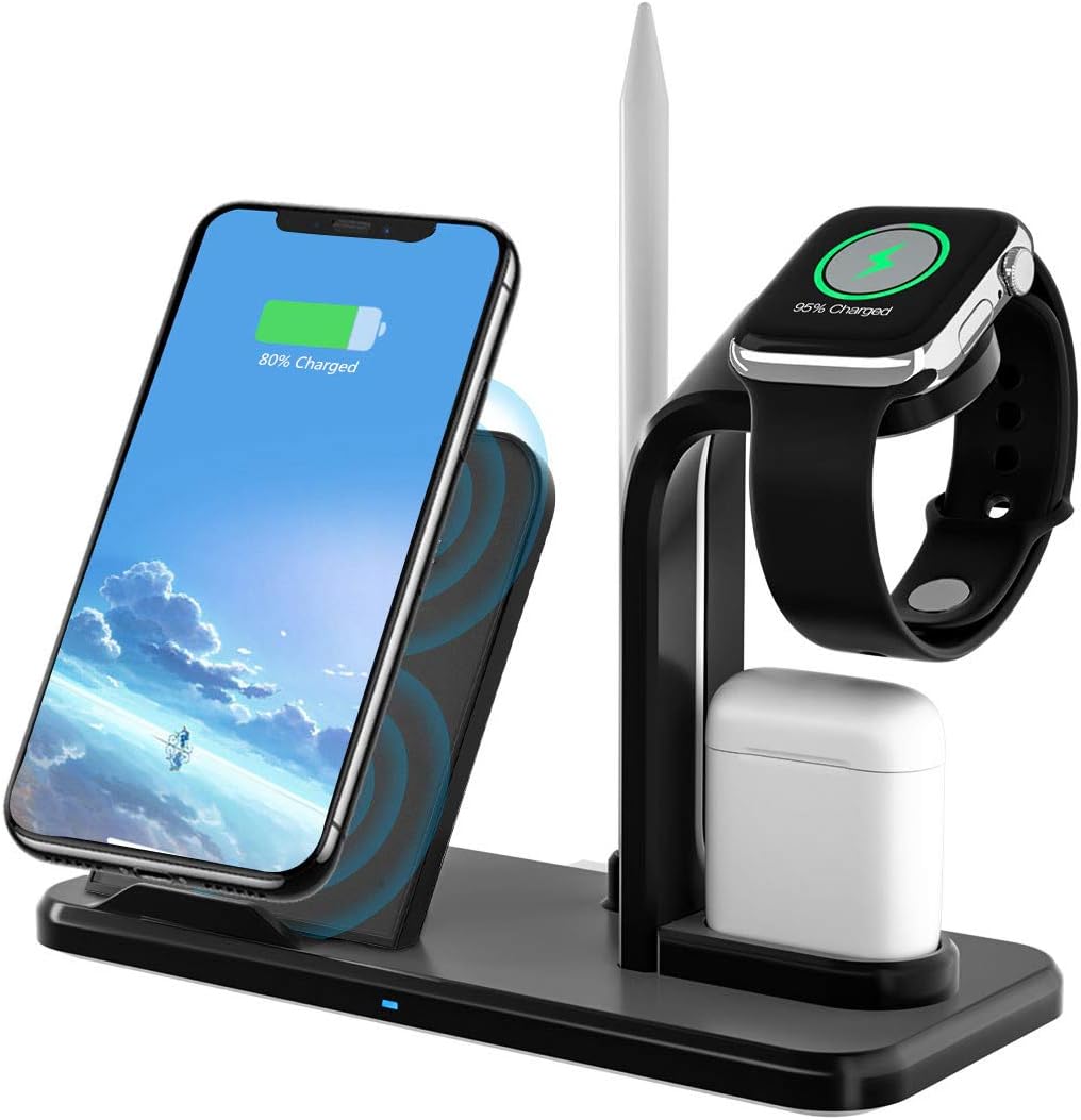 Yaature Wireless Charger Stand, 3-in-1 Qi Fast Charging Station with Holder for Apple Pencil, Fit for Apple Watch Series 4/3/2/1, iPhone XS/XR/X/8, Samsung Galaxy S9/Note 8/S8, All Qi-enabled Phones