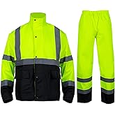 VENDACE Class 3 High Visibility Rain Suits,Rain Gear for Men Yellow/Lime Reflective Hi Vis Safety Rain Work Jacket,Pants