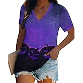 Women Halloween Shirt Funny Pumpkin Face Graphic Tees Autumn Casual V-Neck Fall Short Sleeve Loose Tops