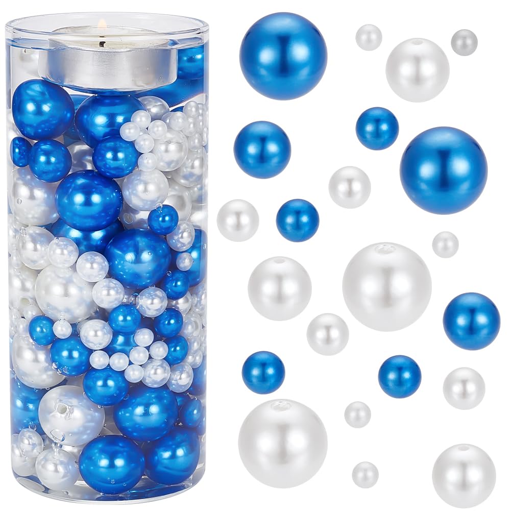 SUNNYCLUE 220Pcs Christmas Vase Fillers Floating Candle Filler White Valentine's Day No Hole ABS Plastic Imitation Pearl Centerpiece Bead Round Holiday Blue Acrylic Candles Filler for Party Home Decor