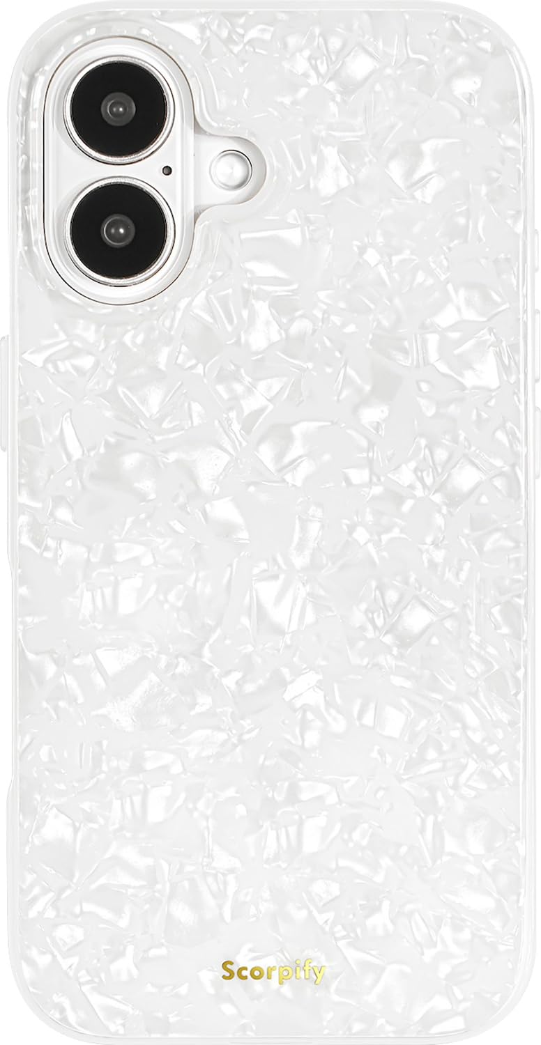 SCORPIFY for iPhone 16 Case [Compatible with MagSafe] with White Pearl Design, Cute Clear Magnetic Phone Cover for Women Girls and Men, Slim Bumper with Mother of Pearl Shell Pattern