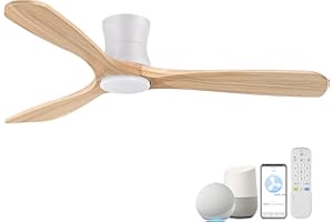 Hoenofly Smart 52” Wood Flush Mount Ceiling Fans with Lights and Remote,Quiet DC Motor,Outdoor Indoor Ultra Low Profile Ceiling Fan works with Alexa WIFI APP,Modern White Ceiling Fan for Bedroom Patio