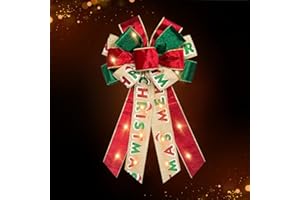 ON-AIRSTORE Large Christmas Wreath Bows with Mini LED Strip Christmas Words Red Green Velvet Ribbon Bows for Wreath, Tree Topper Bows for Christmas Home Indoor Outdoor Party Decoration Wreath Ornament Supplies