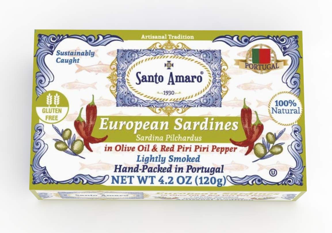 Santo Amaro European Wild Sardines In Olive Oil Piri Piri Pepper 12 Pack 1g Each Lightly Smoked Hot And Spicy Peri Peri Natural Wild Caught Gmo Free