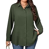 Beautife Women's Plus Size Blouse Dressy Casual Long Sleeve Button Down Shirts V Neck Slimming Peplum Tops Army Green