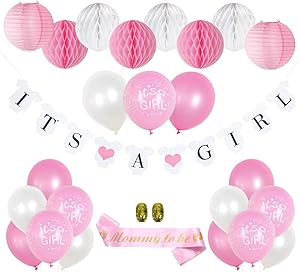 Kitveda Pink Baby Shower Decorations for Girl - It's a Girl Banner, Mom To Be Sash, Baby Shower Balloons, Honeycomb Balls, Lanterns - Pink Baby Shower Backdrop for Girl - 27 Piece Set