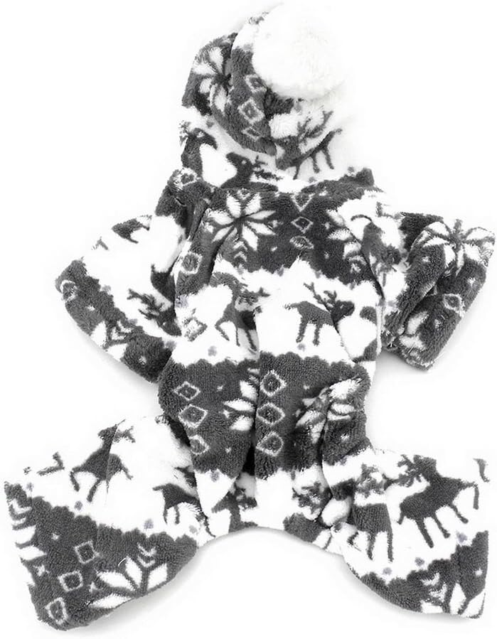 Ranphy Small Dog Cat Clothes Soft Velvet Reindeer Pattern Dog Pajamas Puppy Hoodie Hooded Jumpsuit Grey M - Image 5