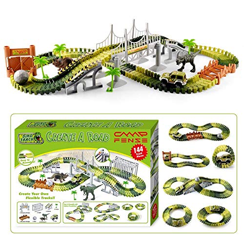 CampFENSE Dinosaur Toys (163Pcs Total, 144 Track Pcs) Electric Race Track Car Play Set Realistic Dinosaurs World Toy