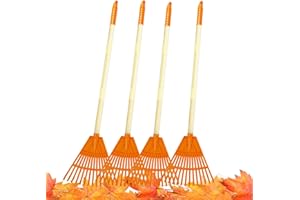 CHEERBANK 4Pcs Kid Rakes, 31" Child Size Plastic Lawn Rakes for Leaves Wooden Handle, Great Gardening Tools Gifts for Boys Gi