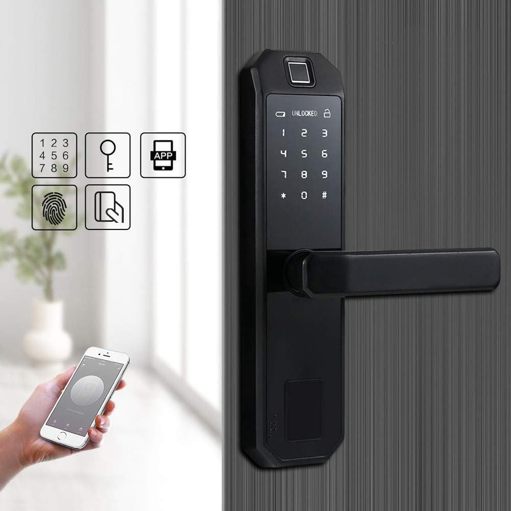 Carrefy WiFi Smart Fingerprint Lock, APP Remote Security Door Lock, Key Touch Screen Digital Password Unlock, Electronic Entry Lock with Reversible Lever & Automatic Locking,Black-50Latch