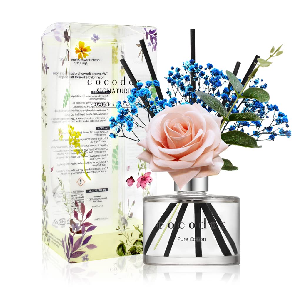 [COCODOR/Pure Cotton] Reed diffuser oil 200ml with Rose, Eucalyptus and Preserved Flower sticks. Best for Home, Kitchen, Bathroom. Diffusers with Sticks