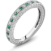 Gem Stone King Green Simulated Emerald and White Created Sapphire Ring | 925 Silver | Anniversary Wedding Band Ring For Women | 0.48 Cttw | Wedding Engagement Anniversary Promise Ring