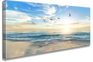 CAPPLA ART Ocean Sunset Canvas Beach Wall Art Bedroom Seagull Seascape Paintings Coastal Picture Framed Artwork for Bathroom Living Room Decor (D, 8X16inch)