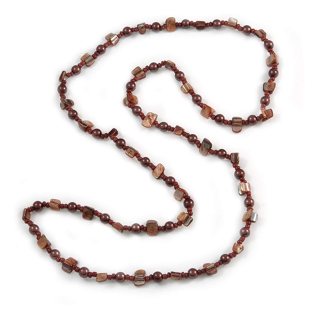 Avalaya Long Brown Glass and Orange Shell Bead Necklace/ 106cm Long