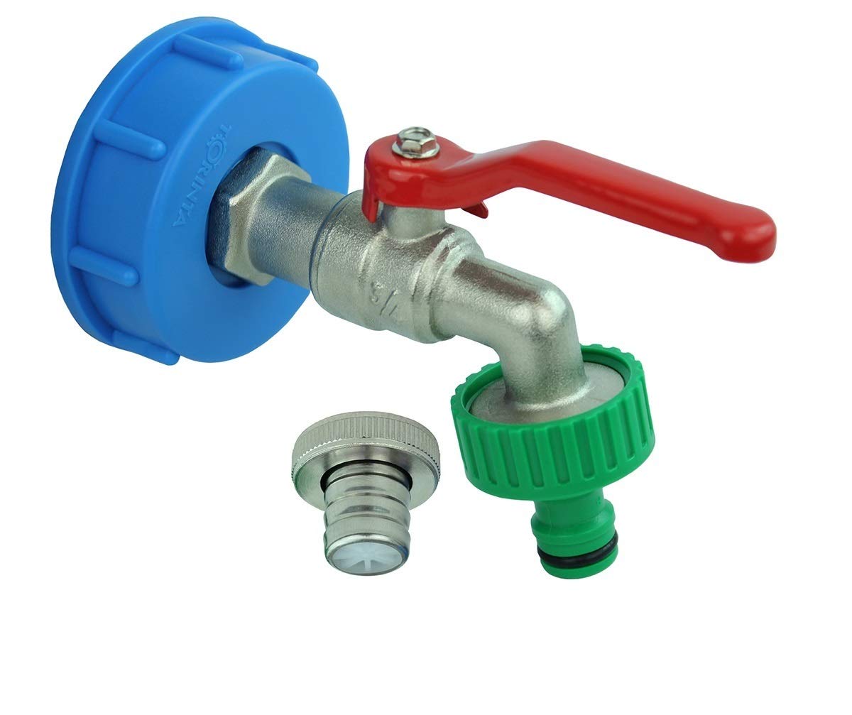IBC Adapter with 3/4" Brass Nickle Plated Garden Tap, Tap Water Lever 3/4 - 1" - S60X6 IBC Tank Fittings - 1” Threaded Tap Connector and Hose Tail Connector - Frost Resistance