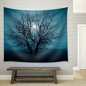 Mysterious Tree in a Middle of a Field Under The Starry Night Sky. - Fabric Wall Tapestry Home Decor - 51x60 inches