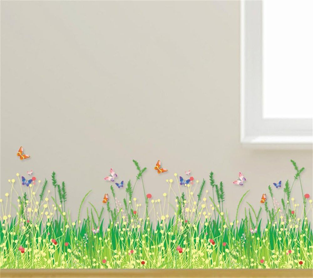 Green Grass Meadow Wall Art Stickers with Red Flowers and Butterflies Colourful Removable DIY Vinyl Wall Decals Multicoloured Decorative Mural for Living Room Bedroom - Image 3