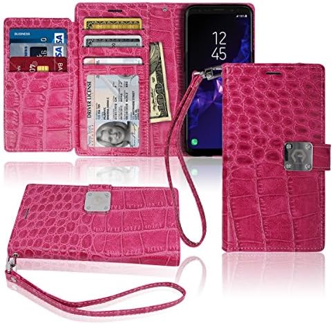 S9 Plus Wallet Case, Matt [ 8 Pockets ] 7 ID / Credit Card 1 Cash Slot, Power Magnetic Clip With Wrist Strap For Samsung Galaxy S 9 Plus Leather Cover Flip Diary (Hot Pink, S9 Plus (6.2"))