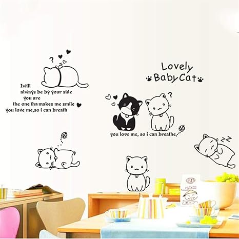 Amazon 黒猫白猫 Lovely Baby Cat シール壁紙ウォール ステッカー デコ 取り外し可能なビニールラベル 部屋 窓 バス ルーム 冷蔵庫 キッチン 天井のなどなかわいらしい剥離可能防水壁紙 55x85cm ウォールステッカー オンライン通販