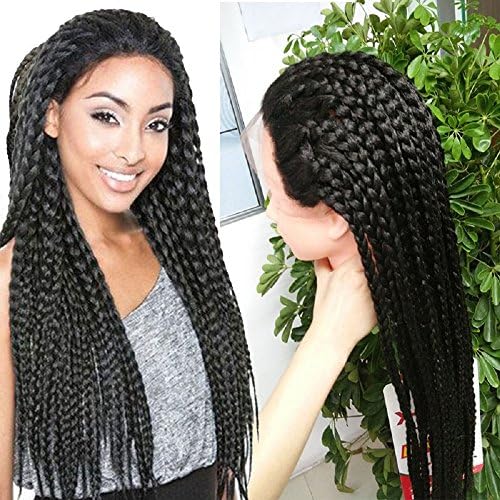 JENCOOL 3X Box braided lace front wigs for black women Synthetic lace front wig Natural Black expression braiding hair Heat Resistant, 24 Inch