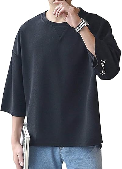 Amazon カイヤス Tシャツ 七分袖 カットソー メンズ ゆったり 丸首 長袖 ロゴ おしゃれ 春夏秋服 無地 ソフト カジュアル 通気 快適 男性用 ブラック 01l Tシャツ カットソー 通販