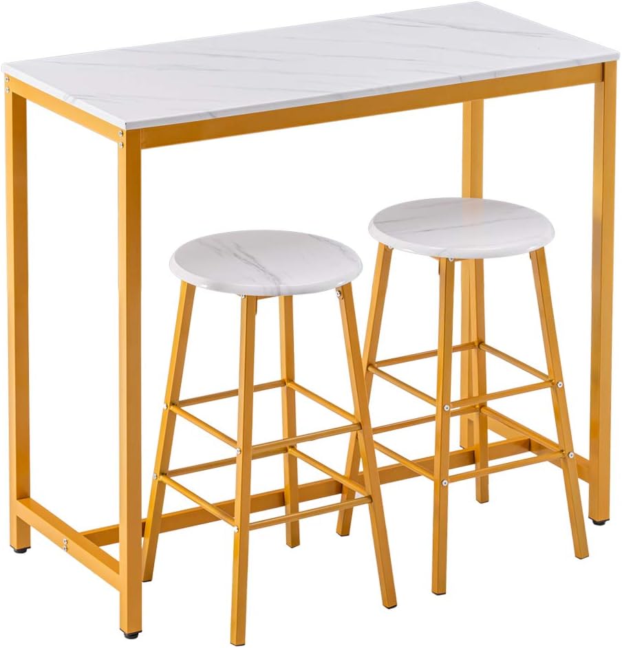 Amazon Com 3 Piece Bistro Table Set Breakfast Bar Table And Stool Set Modern Kitchen Counter Bar Table Set For Living Room Kitchen Bar Golden White Garden Outdoor