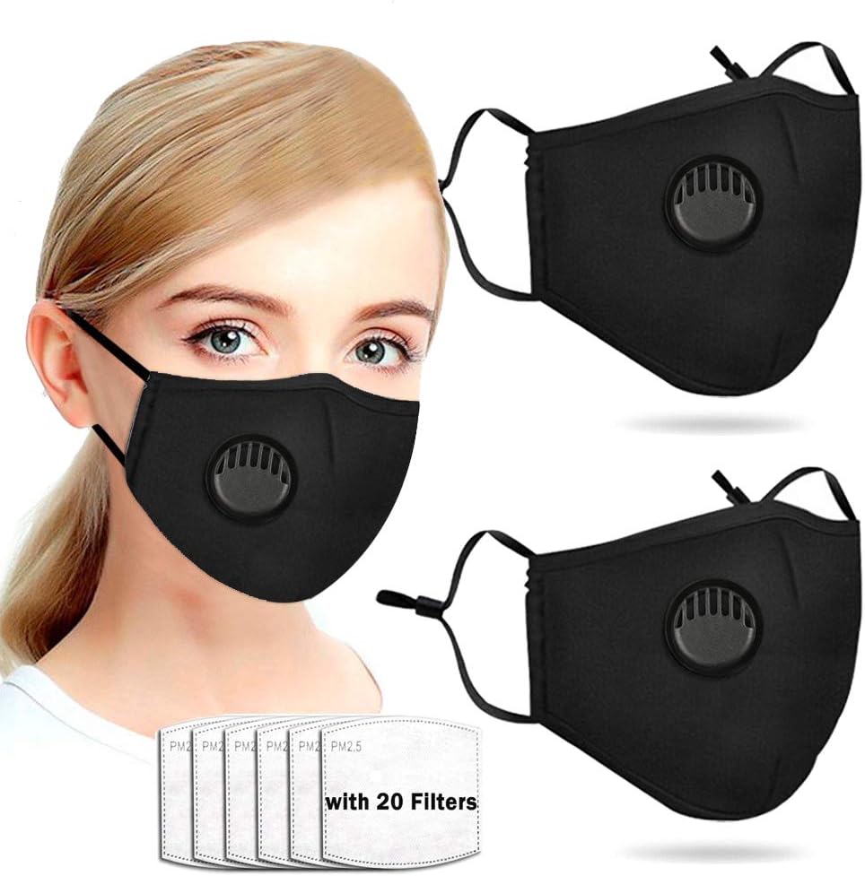 2 Pack Unisex Reusable Facial Cotton Covering with Breathing Valve and 20 Activated Carbon Filter