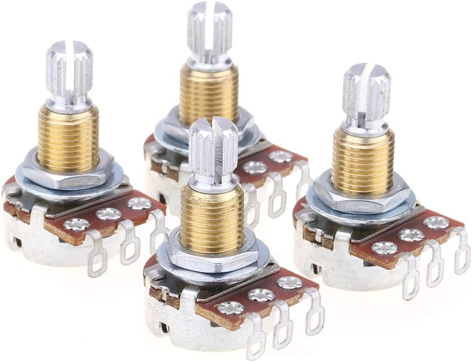 Musiclily Pro A250K Brass Thread Metric Mini Potentiometers Split Shaft Audio Taper Pots for Electric Guitar Bass (Set of 4)
