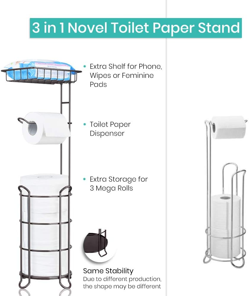 [Upgrade] Toilet Paper Holder Stand Bathroom Tissue Holders Free Standing with Top Shelf Storage Mega Rolls/Phone/Wipe-Bronze: Home & Kitchen