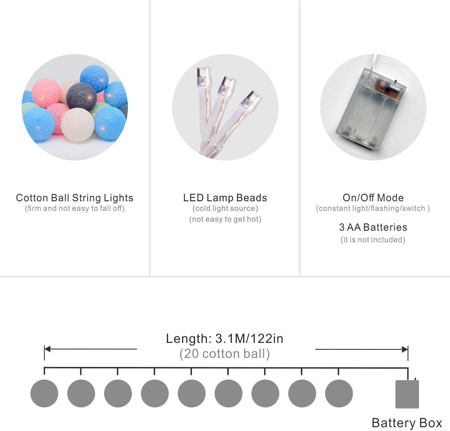 Fairy Lights Starry LED String Lights 20 PCS Indoor/ Outdoor Cotton Ball Warm Lighting Wall Light for Bedroom, Wedding Party ,Home ,Christmas,Halloween,Garden (Batteries, Macarons): Home Improvement