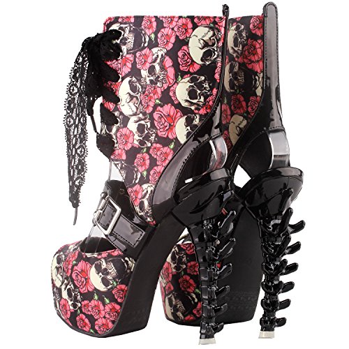 SHOW-STORY-Punk-Skull-Rose-Print-Stud-Buckle-Lace-UpPlatform-Bone-Heel-Club-Ankle-Bootie-SandalsLF80663