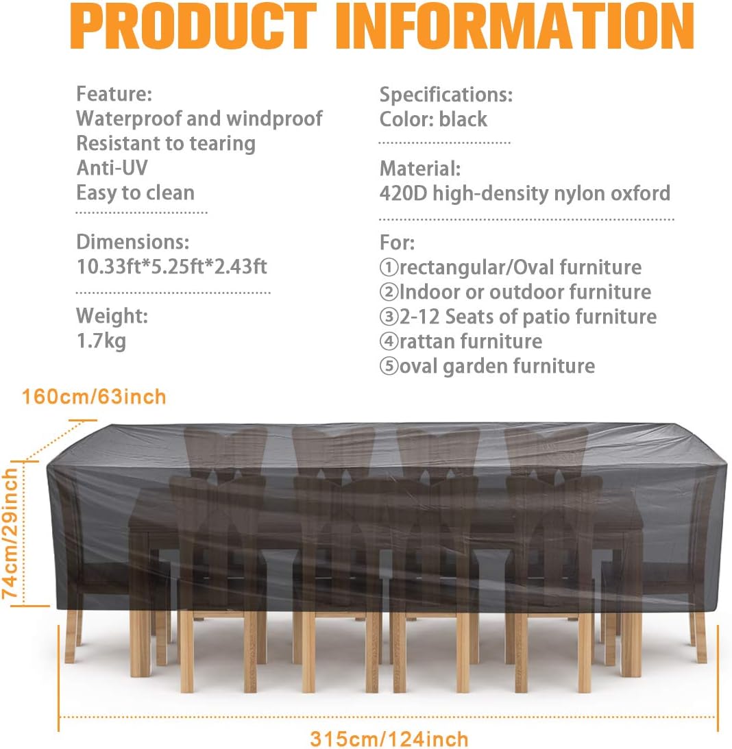NASUM Patio Furniture Cover, Rectangular Patio Table Cover, Tear-Resistant, Durable Waterproof Dustproof Outdoor Cover for Garden, 124x63x29 Inches, Fits to 12-14 Seat: Kitchen & Dining