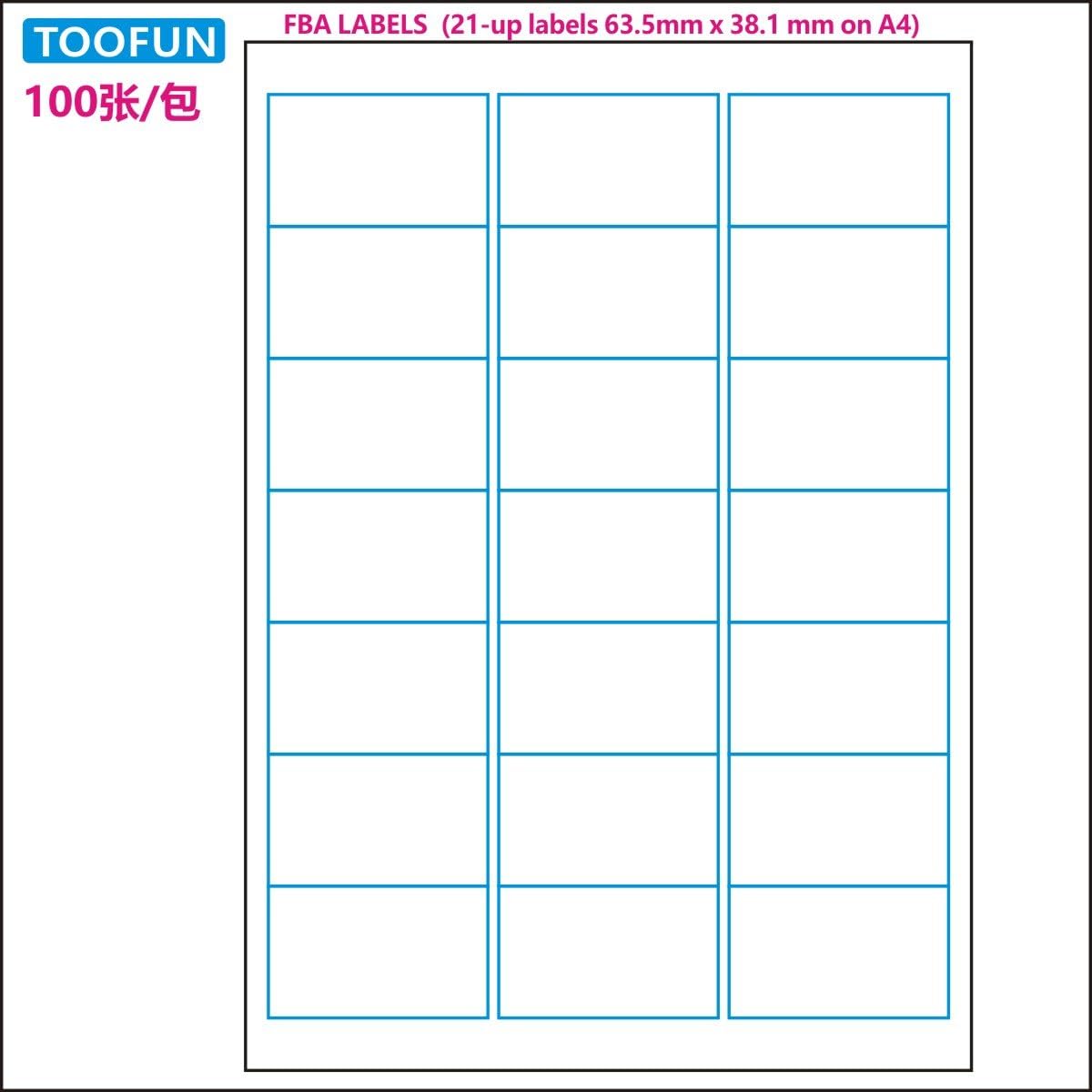 Amazon FBA Label (100 Sheets, 2100 Labels) 21-up labels 63.5x38.1mm on A4 White Self Adhesive Shipping Mailing stickers for Laser/InkJet Printer, Meets Amazons FBA requirements- TOOFUN