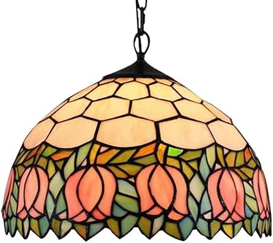 Amazon Co Jp Chuanhan ティファニースタイルペンダントライト ヴィンテージ12インチ ステンドグラスピンクチューリップデザインシャンデリア ペンダントランプ モダンでシンプルなバーダイニングルーム ベッドチャンバー バルコニーアートペンダントランプ E27