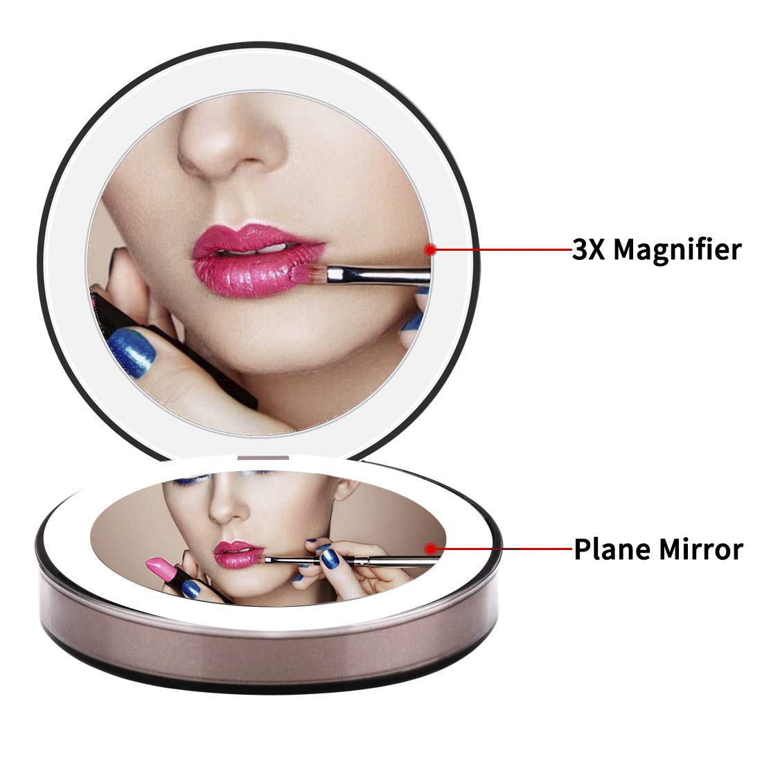 Compact Mirror, 1X/3X LED Lighted Travel Folding Makeup Mirror - The Most Natural Magnifying Mirror with USB Charging for Beauty, Cosmetic and Travel