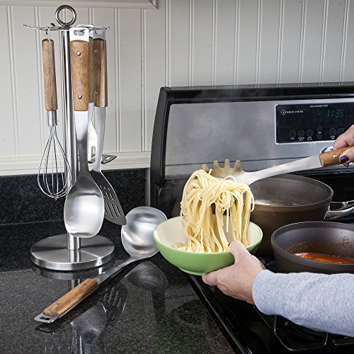 Premium Wooden Kitchen Utensils Set with Stainless Steel Stand - Includes: Spatula, Serving Spoon, Soup Ladle, Whisk, Potato Masher and Spaghetti Server, Grilling & Cooking Made Easier - By BBQ-Aid