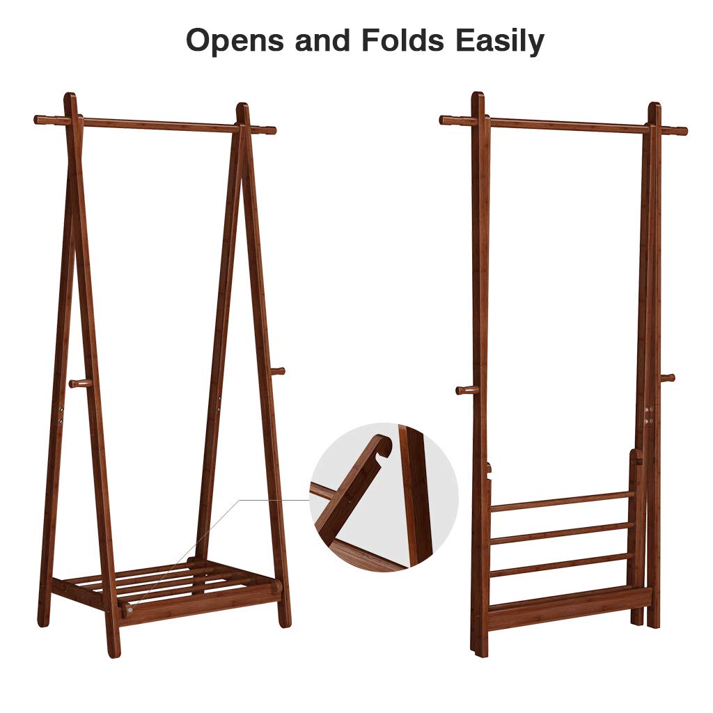 LANGRIA Foldable Bamboo Clothes Rack Stand With Vertical Hanging Rod