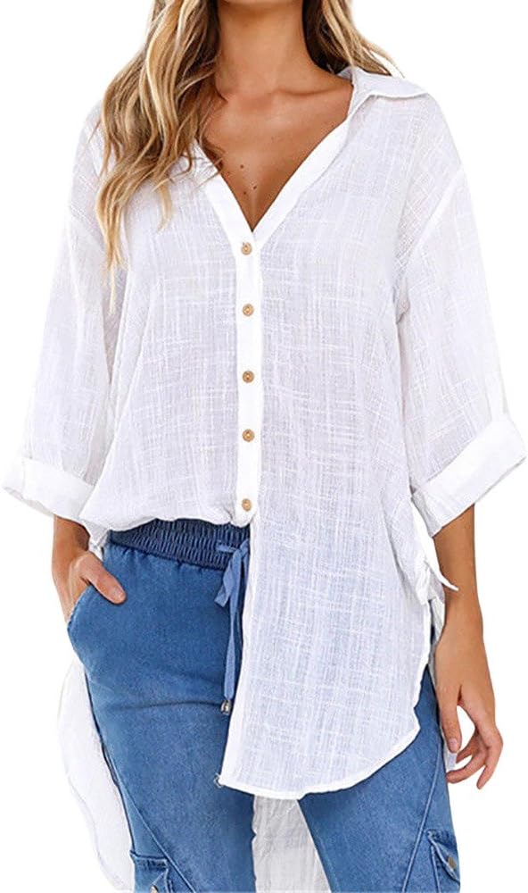 Womens Loose Button Long Shirt Dress Cotton, Ladies Shirt for Work Vintage,Juniors Teen Girls Casual Tops T-Shirt Blouse Plus Size