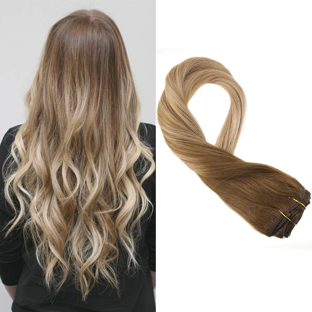 Mosoo 20inch Human Hair Balayage Clip In Extensions Colored 8 Light Brown To 16 Blonde Balayage Colored Clip On Hair Extensions Human Hair 7pcs 120g