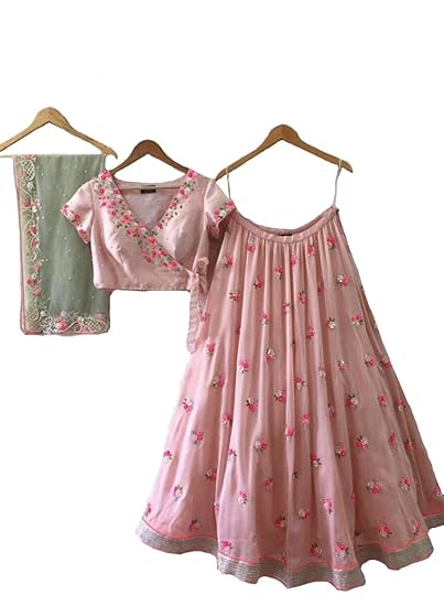 Georgette Lehenga Choli (Baby Pink, 3X-Large)