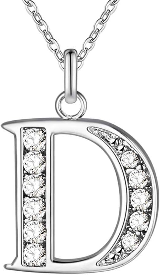 JewelBeauty Cubic Zirconia Small 26 Letters Alphabet Personalized Charm Pendant Necklace for Men & Women Silver Tone (D)