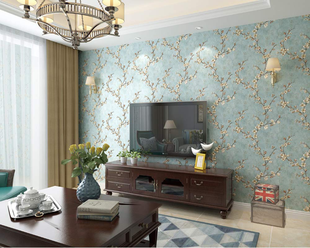Retro American Pastoral Style Flower Tree Non-Woven 3D Bedroom Living Room Home TV Background Non-Pasted Wallpaper Light Blue 1.73'W x 32.8'L