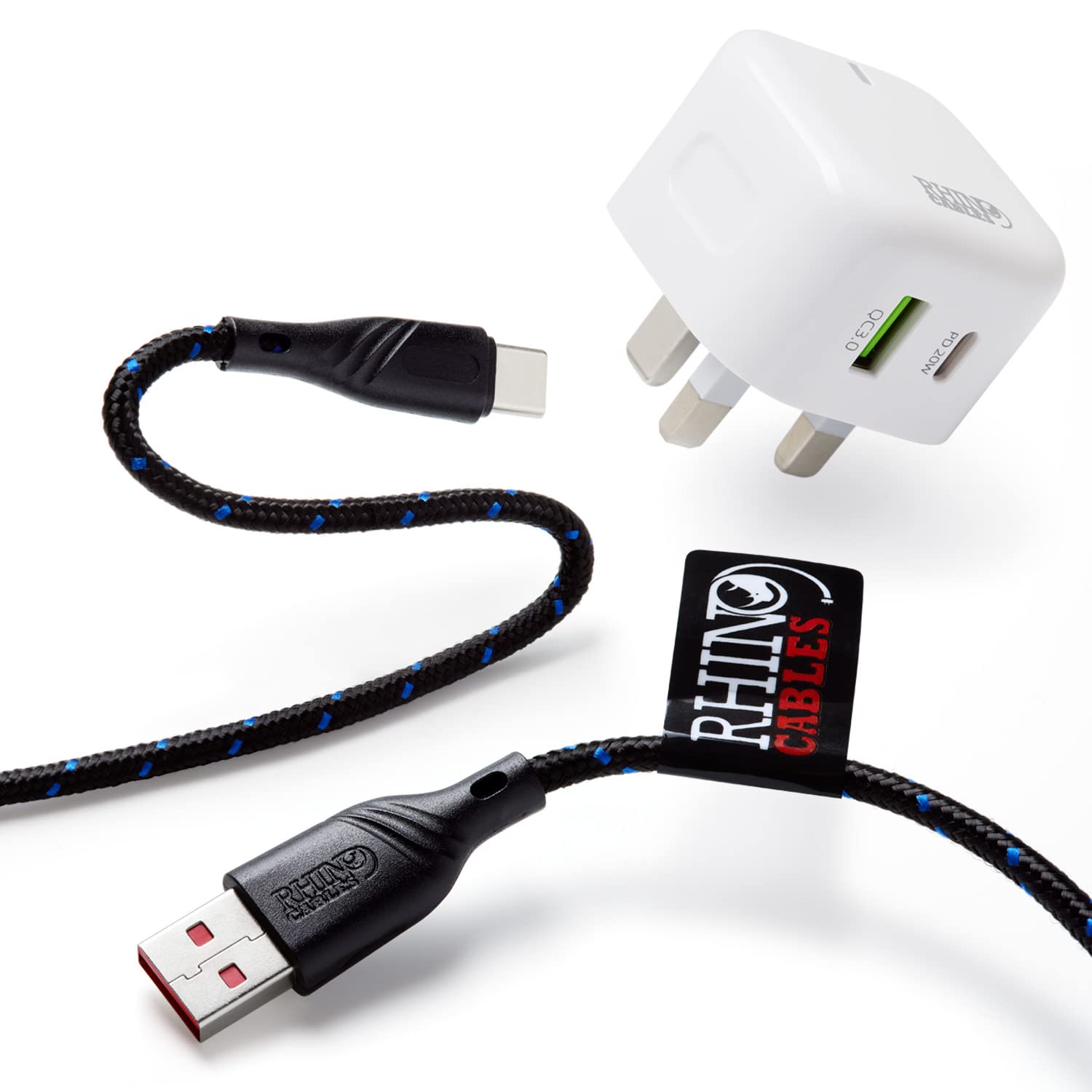 rhinocables USB C Charger Cable with Dual Port Fast Mains Charger Bundle - Fast-Charging Male-to-Male USB C to USB A Cable with Dual Port Mains Adapter for Quick and Convenient Charging, 3m