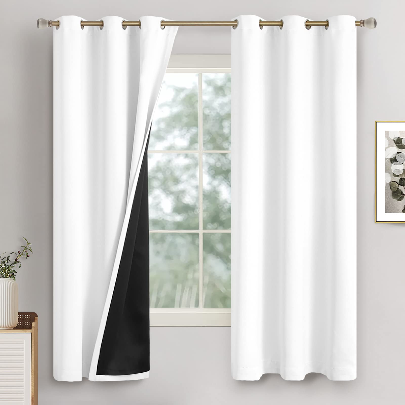 Photo 1 of QUEMAS White Blackout Curtains for Bedroom 63 Inch Length, Black Out Thermal Insulated Grommet Window Drapes for Living Room, 2 Panels Set, Each 42 Inch Wide