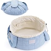 Narwey Lay Flat Open Drawstring Makeup Bag, Large Quilted Cosmetic Bag for Women Girls, Cute Make up Bags with Handle, Portable Travel Toiletry Bag for Skincare, Brushes & Travel Essentials (Blue)