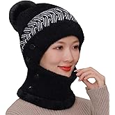 Women Winter Beanie Hats One-Piece Fleece Lined Knit Balaclavas Mask Set Skull Neck Circle Scarf Ski Snow Hat Cap with Pompom